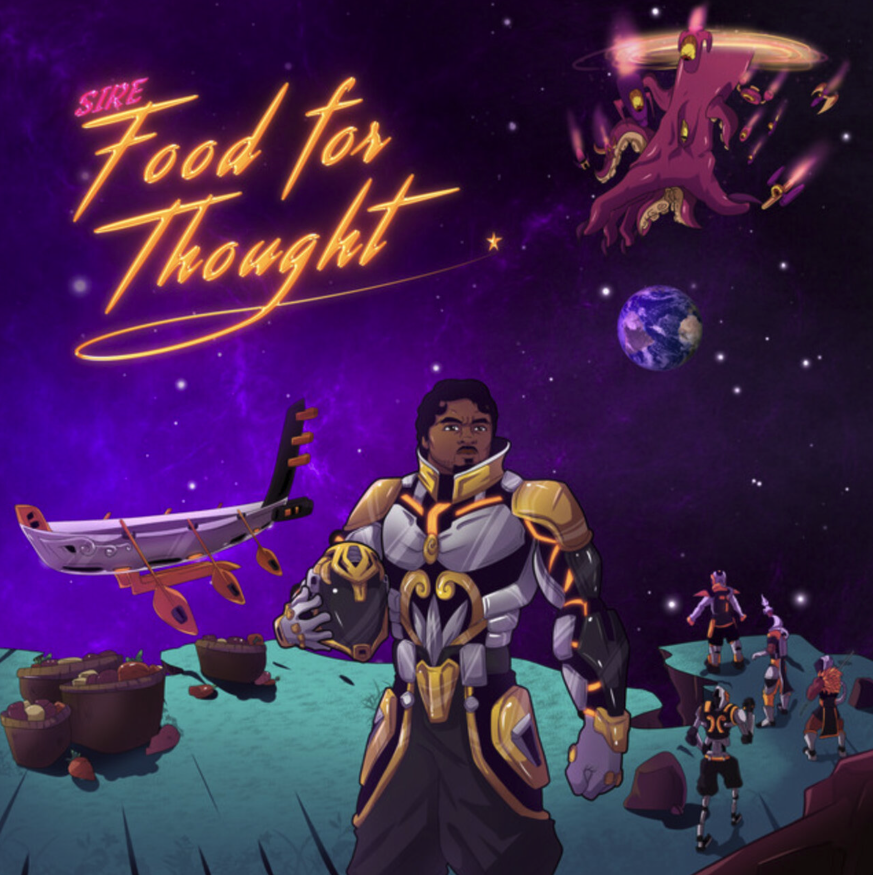 A space-themed digital illustration featuring a large humanoid character in futuristic armor holding a helmet, with a spaceship, floating bowls, and small armored figures in the background. The scene includes a starry sky, a planet, and a purple nebu