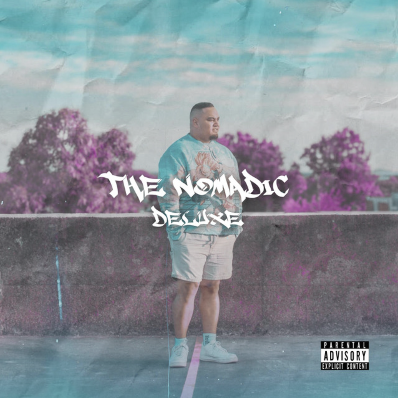 Album cover featuring a man in shorts and a colorful sweatshirt standing outdoors against a backdrop of pink trees and a blue sky, with the title 'The Nomadic Desuze' in stylized text and a parental advisory label in the bottom right corner. Nomad222