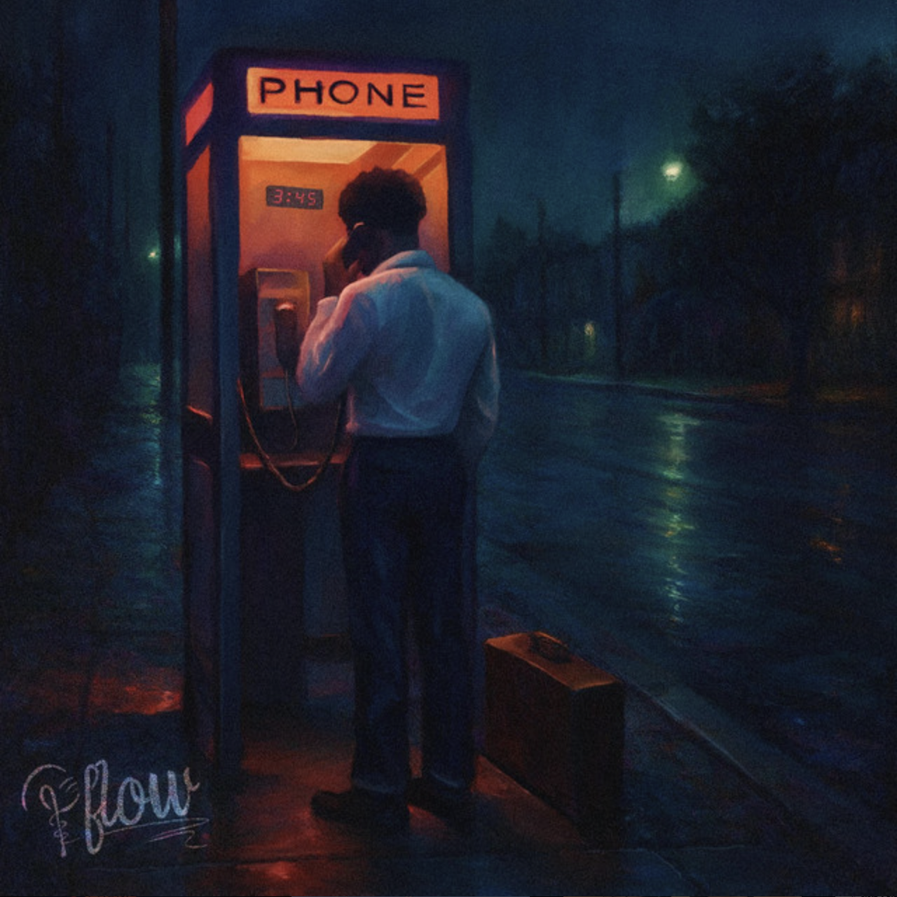 A man in a white shirt and dark pants using a payphone at night on a rainy street, with a digital clock showing 3:45 in the phone booth and a neon sign reading 'PHONE' above. P Flow