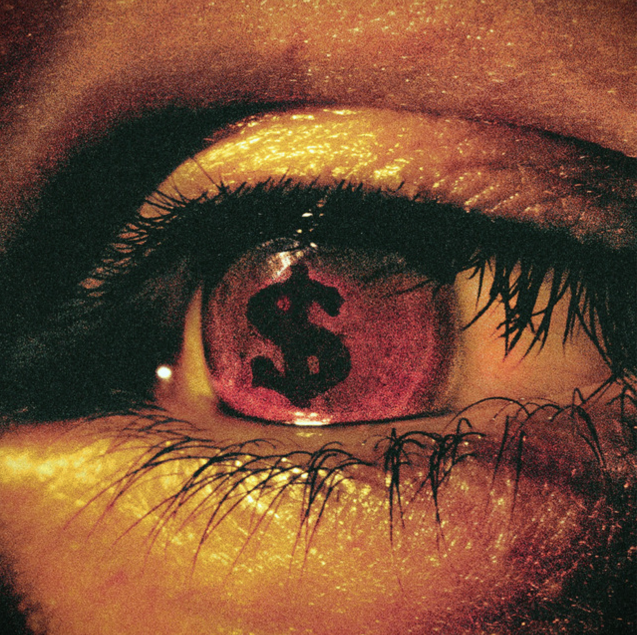 Close-up of a human eye with a dollar sign in the iris, and makeup around the eye. Agung Mango, Almost Famous