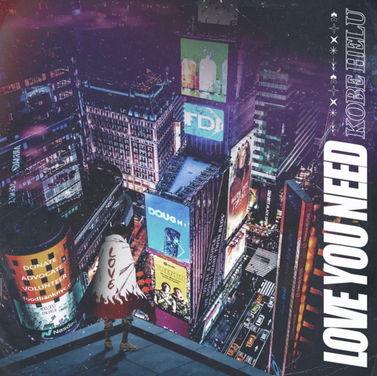 A person with a cape that says 'Love' standing on a ledge overlooking Times Square at night, filled with bright neon billboards and advertisements. Kobe Helu, Nomad222