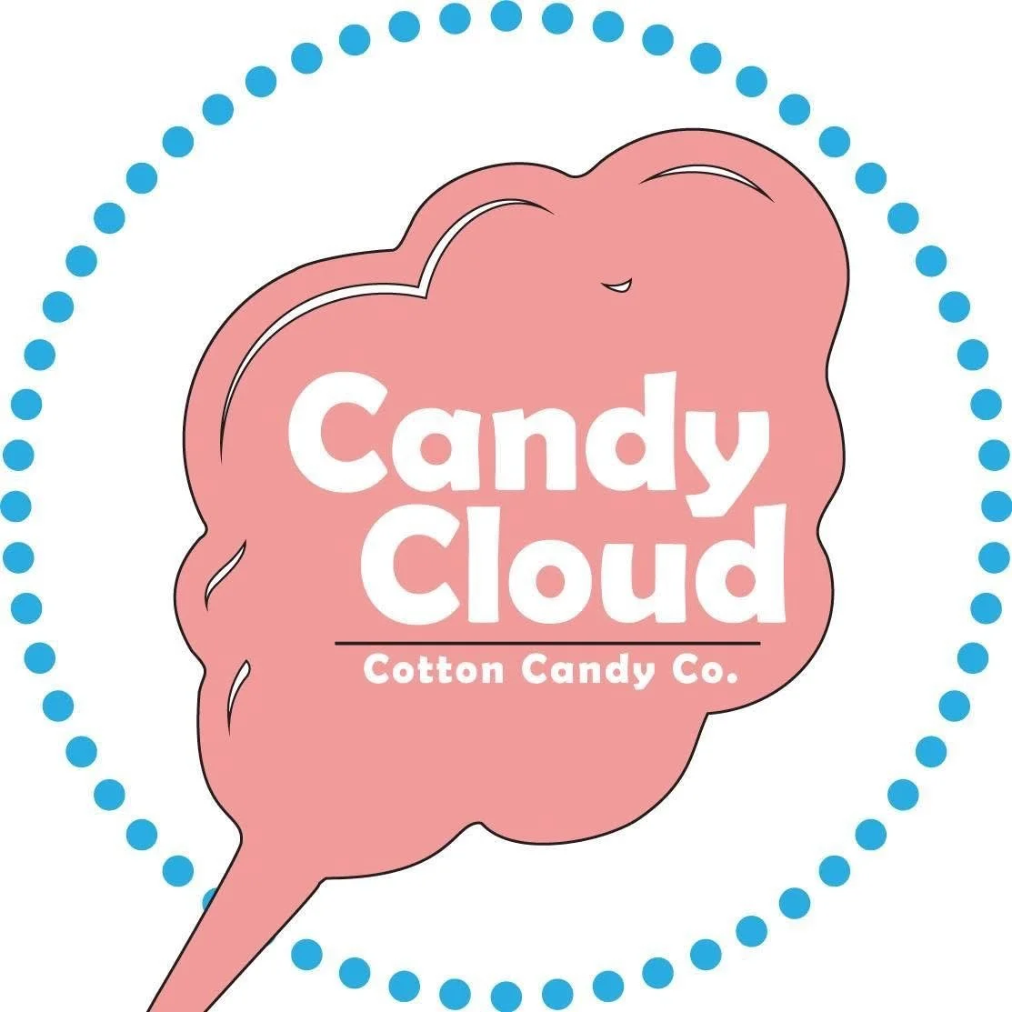 A pink cotton candy cloud with the words 'Candy Cloud' and 'Cotton Candy Co.' written on it, surrounded by a dotted blue circle.