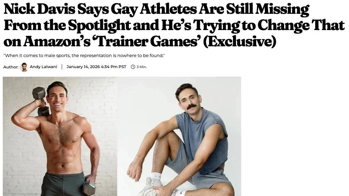 A shirtless young man smiling and holding a dumbbell, and a seated man with a mustache wearing a blue T-shirt and shorts, with his arm resting on his knee, both posing for a fitness-related photo.