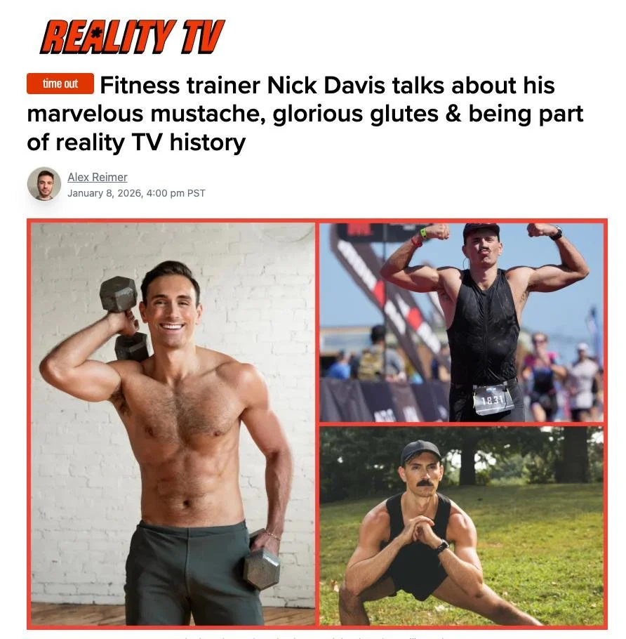 A screenshot of a fitness article titled 'Reality TV: fitness trainer Nick Davis talks about his mustache, glutes, and reality TV.' The image includes three photos of different men: one holding a dumbbell, shirtless, smiling; another flexing muscles outdoors; and the third in a yoga pose outdoors wearing a cap.