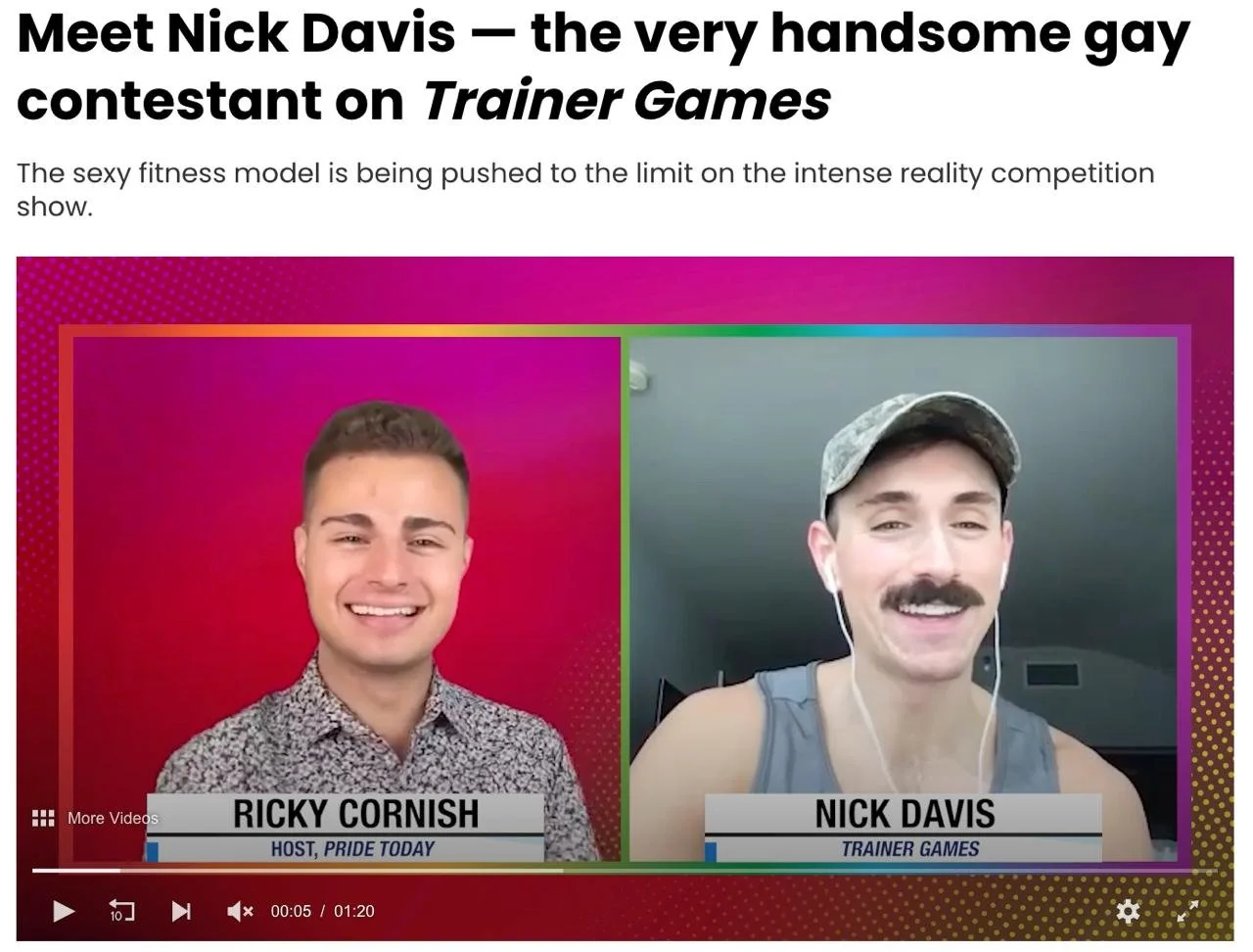Screenshot of a video interview featuring Ricky Cornish and Nick Davis, discussing Nick Davis as a contestant on Trainer Games. Ricky Cornish is on the left with a pink background, and Nick Davis is on the right with a gray background, both smiling.
