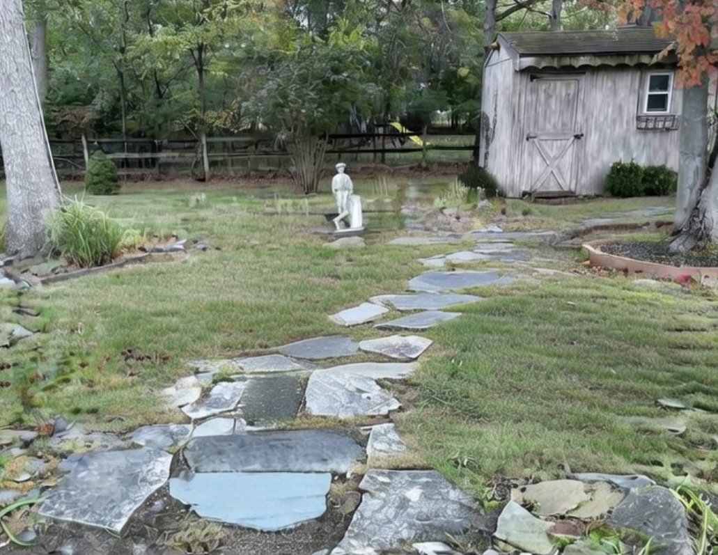 A backyard garden with a stone pathway leading to a small rustic wooden shed, surrounded by trees, plants, and a decorative statue.