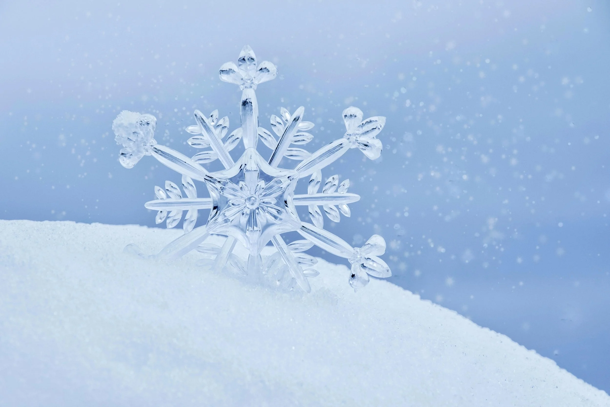 Close-up of a transparent, detailed snowflake resting on snow with a blue winter sky background.