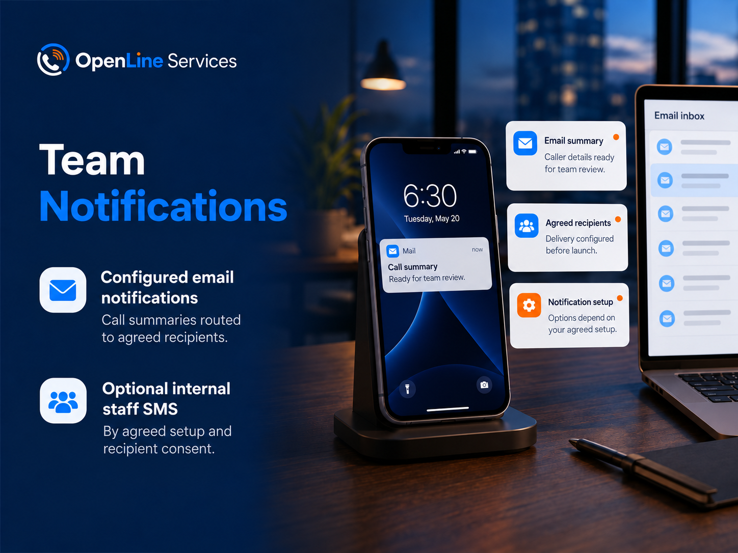 Configured email notifications and optional internal staff SMS by agreed setup and recipient consent.