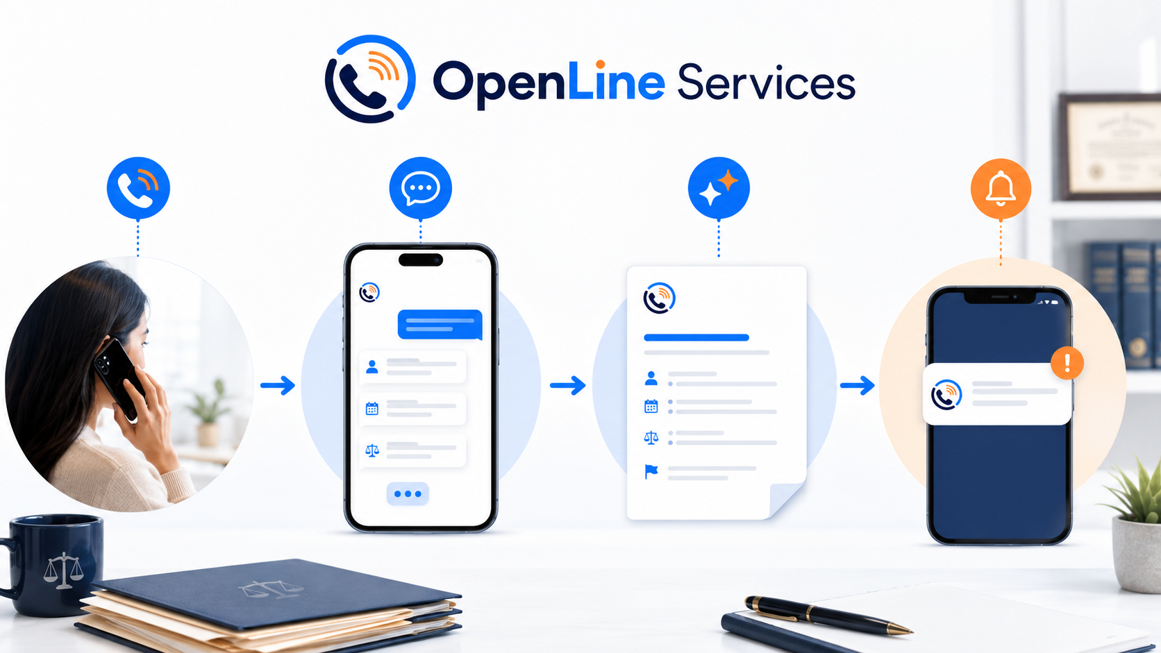 A graphic illustration of the process for OpenLine Services, showing a woman talking on the phone, transferring calls to a mobile device, and receiving notifications on her phone. The diagram includes icons for calling, messaging, notifications, and alerts.