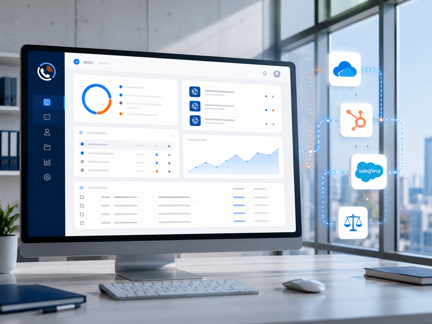 Computer monitor displaying a dashboard with graphs and statistics, connected to cloud services, Salesforce, HubSpot, and a legal scale icon, in a modern office with large windows.