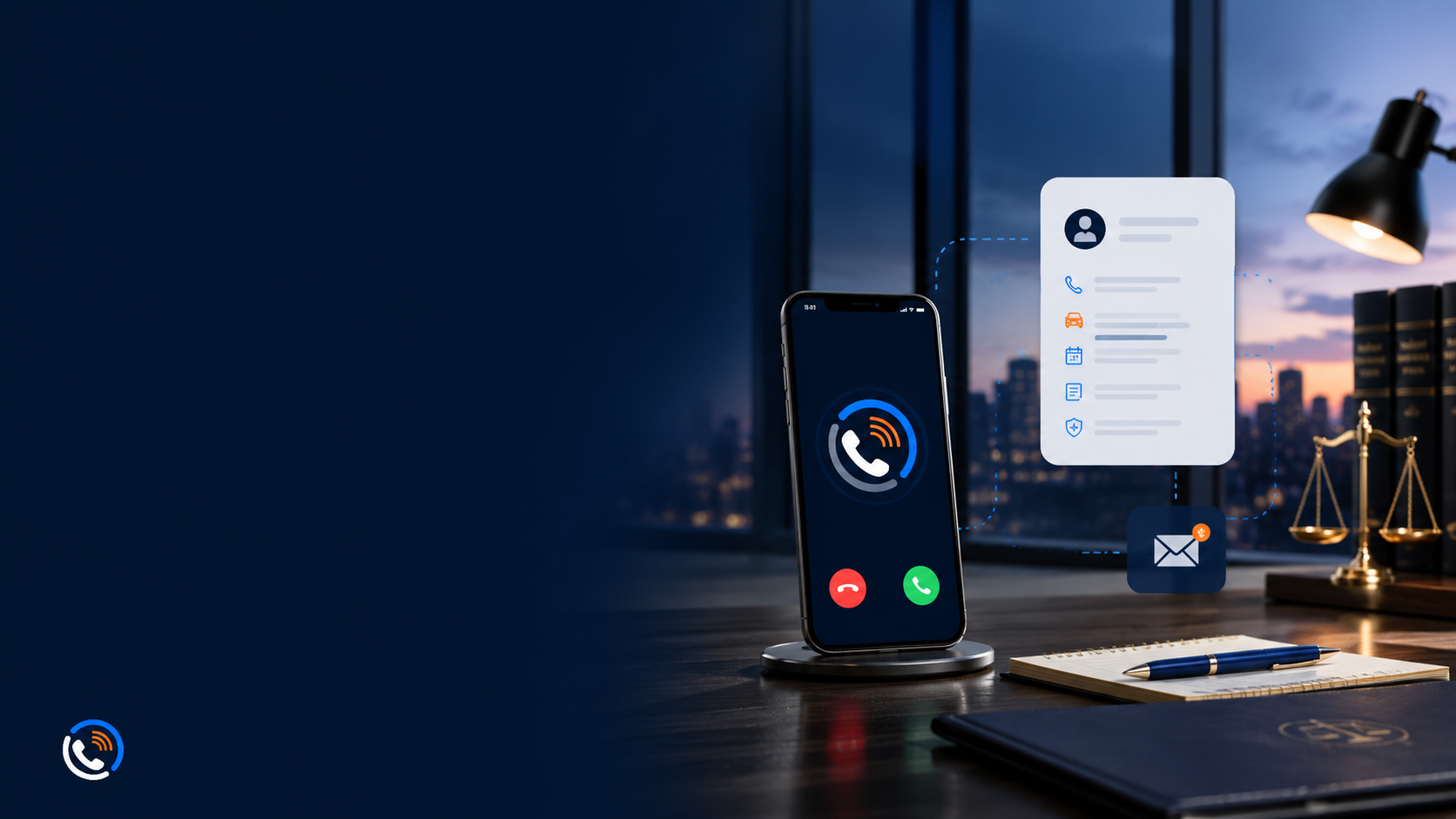 Mockup of a smartphone on a stand receiving an incoming call, with a city skyline seen through a window in the background. Desk items include a notepad, pen, and a legal scale. Floating icons depict a contact profile, message, email, and other app notifications.