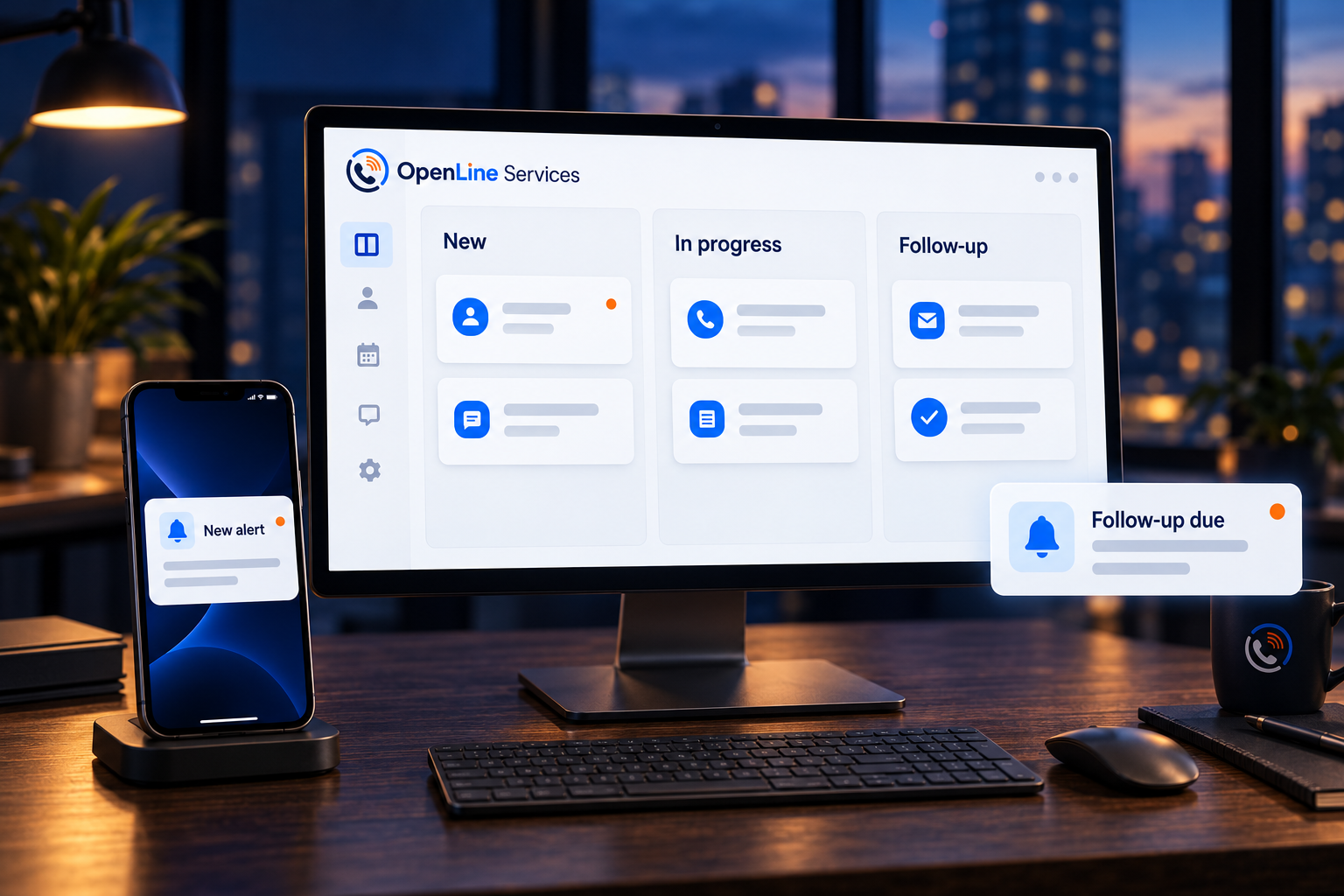 OpenLine-branded lead-status board and phone alert showing new, in-progress, and follow-up tasks on a navy office desk.