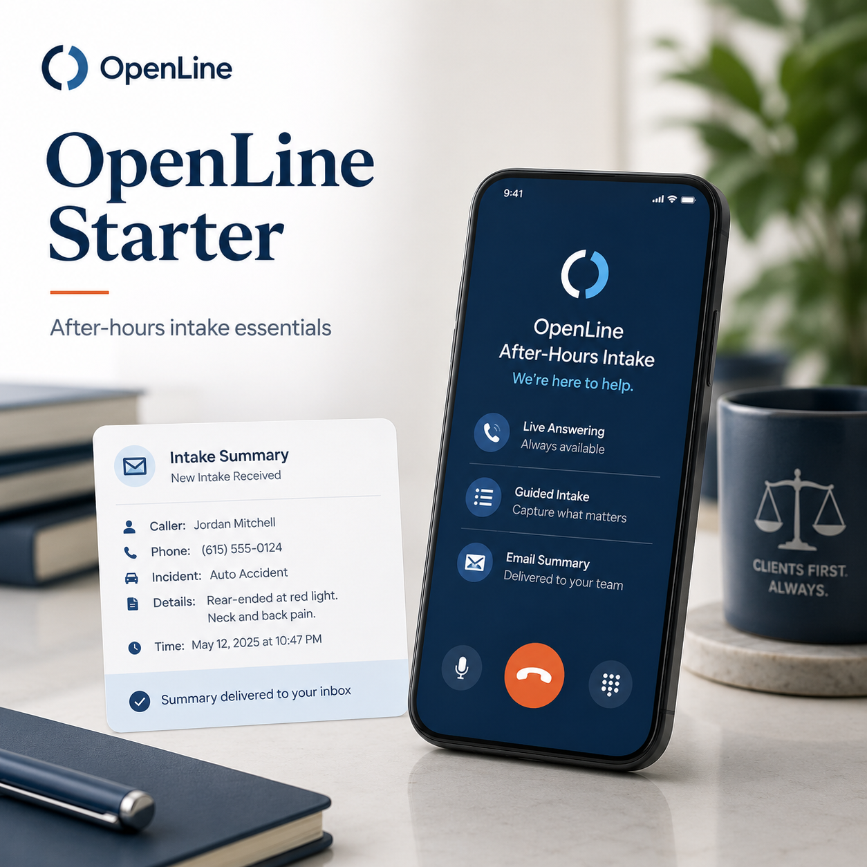 A promotional display for OpenLine's after-hours intake service showing a smartphone in a video call, an intake summary card with details of a motor vehicle incident, a coffee mug with the slogan 'Clients First. Always.', and a closed notebook with a pen.