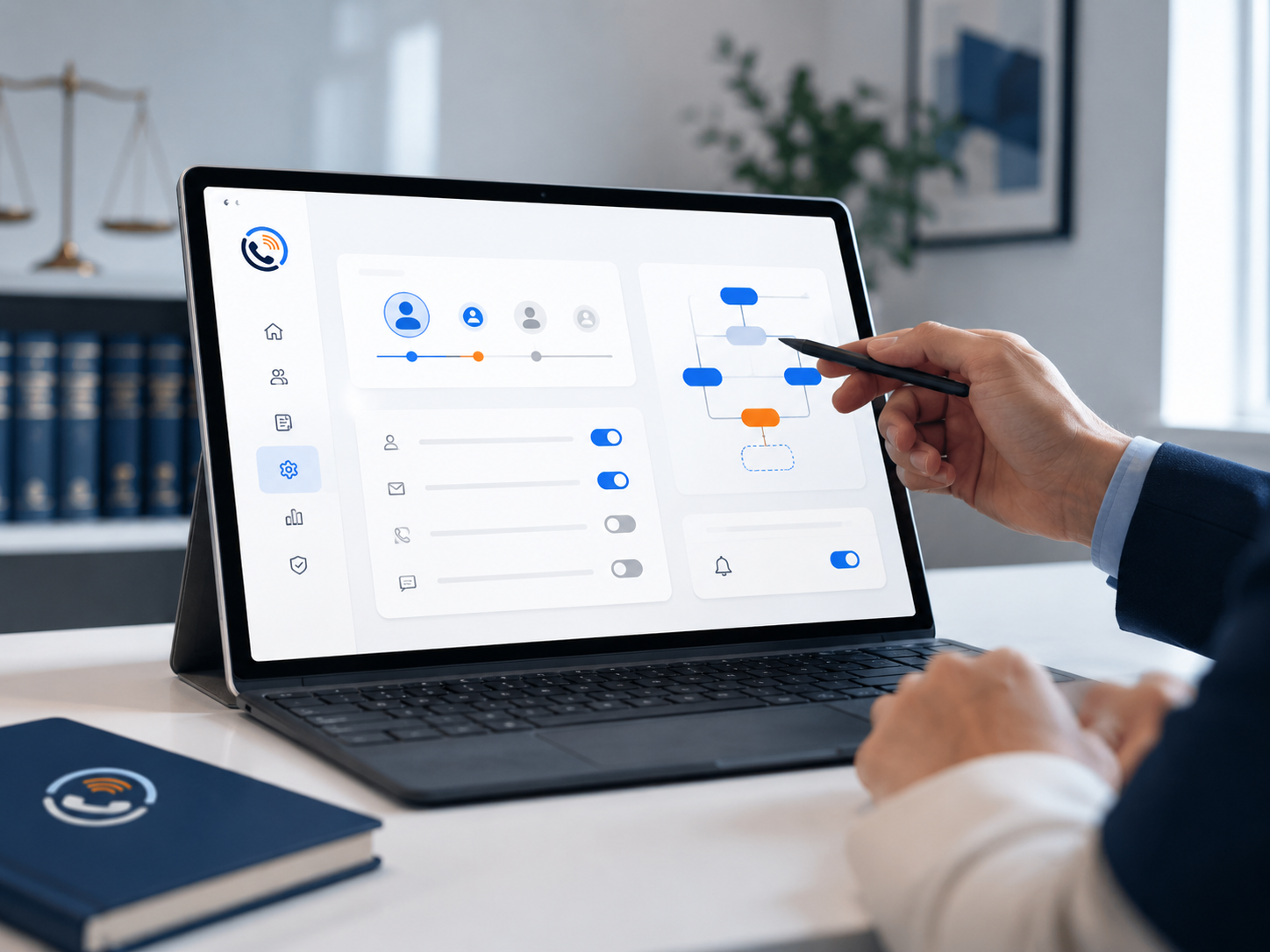 Person in business attire interacting with a digital interface on a laptop screen, showing user management, settings, and flowchart options, in an office environment.