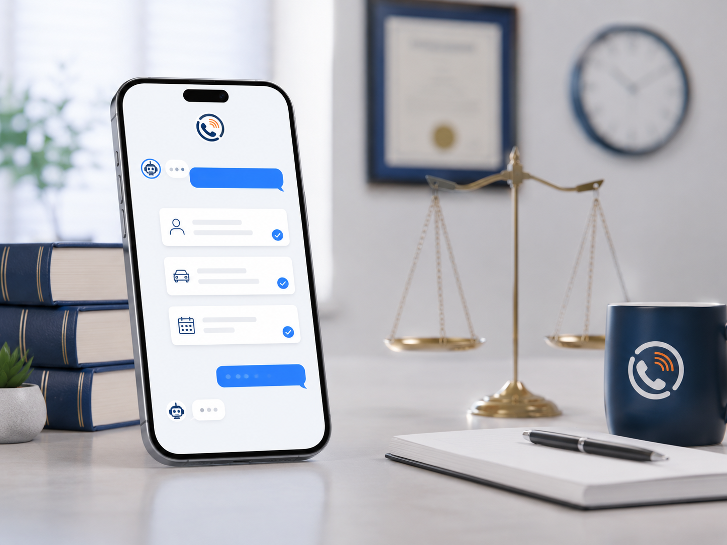 Close-up of a smartphone on a desk displaying a messaging app with contact options, surrounded by books, a notepad, a pen, a coffee mug with a phone icon, and a balance scale in the background, with a clock and framed certificate on the wall.