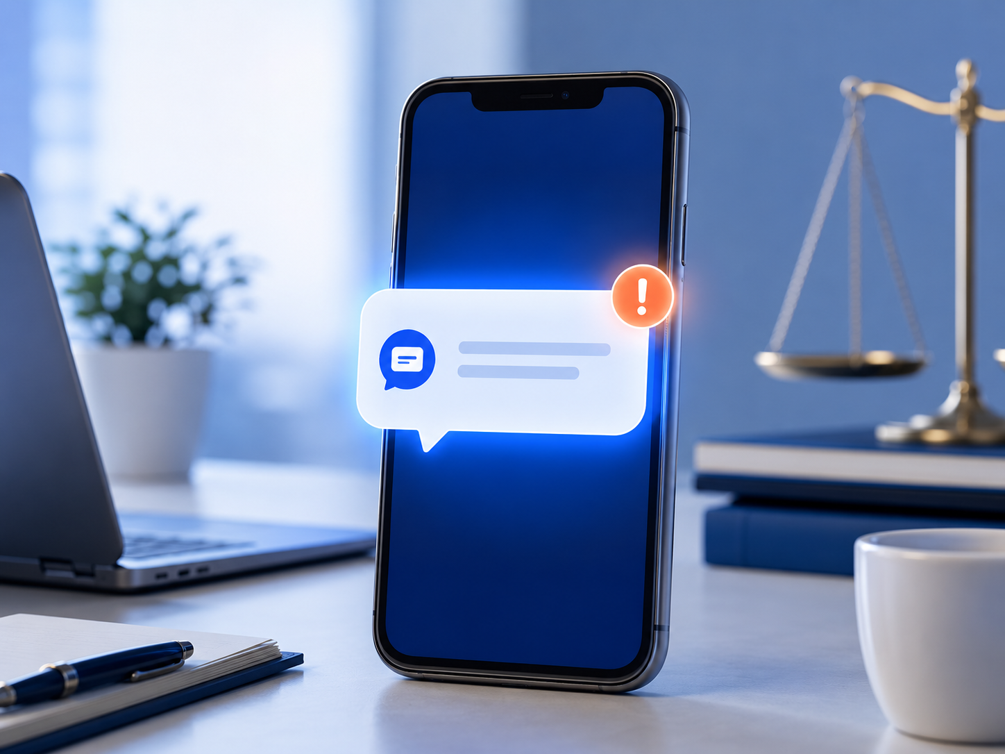 Smartphone on desk displaying a messaging app notification with an exclamation mark icon, in an office setting.