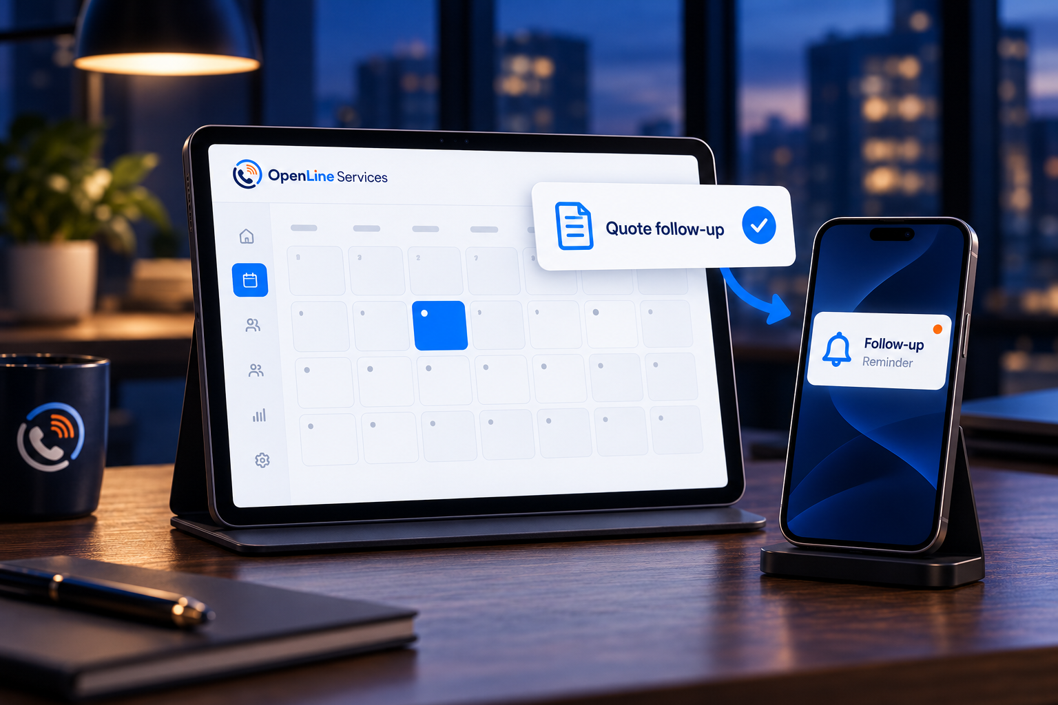 OpenLine-branded calendar tablet and phone displaying a quote follow-up reminder on a dark office desk.