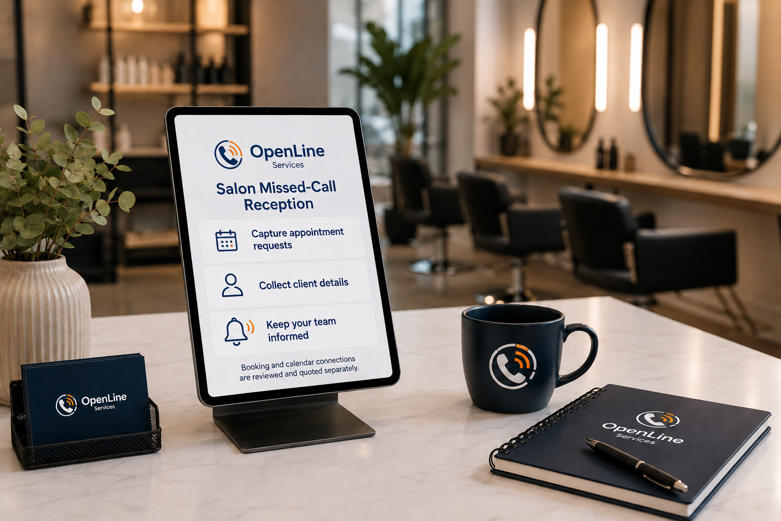 OpenLine salon missed-call reception captures appointment requests and client details. Booking and calendar connections are reviewed and quoted separately.