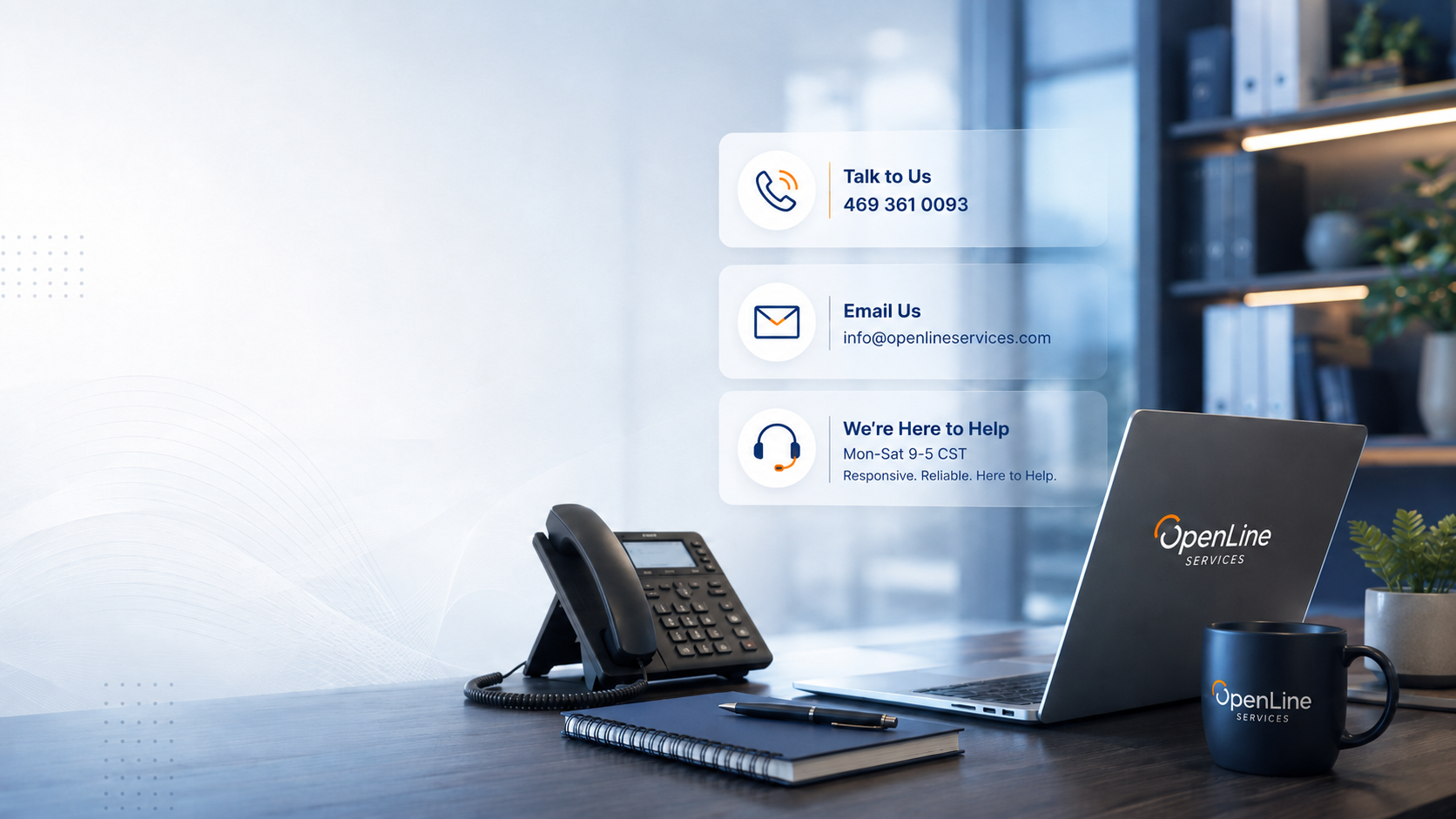 Office desk with a conference phone, a laptop with OpenLine Services logo, a black coffee mug with OpenLine Services logo, a notebook, a pen, and a potted plant. Transparent contact info icons floating in the air: call, email, and support.
