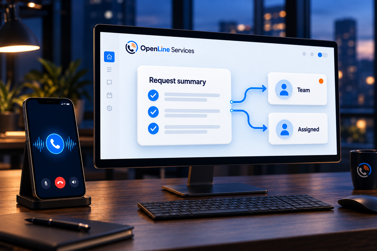 OpenLine-branded phone and monitor showing a customer request summary routed to team assignments in a navy office setting.