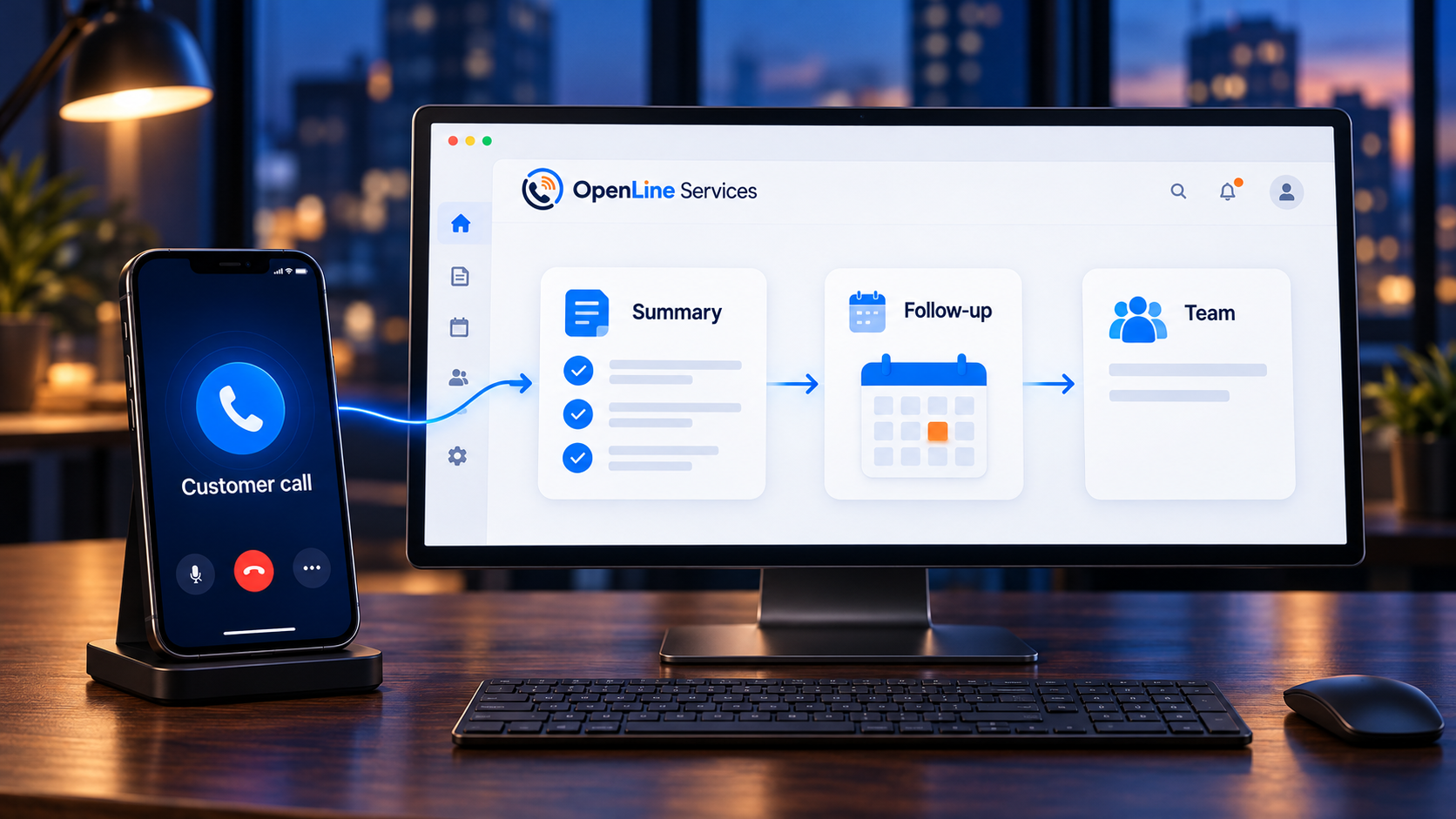 OpenLine-branded phone and desktop workflow showing a customer call moving to a summary, follow-up, and team handoff in a navy office setting.