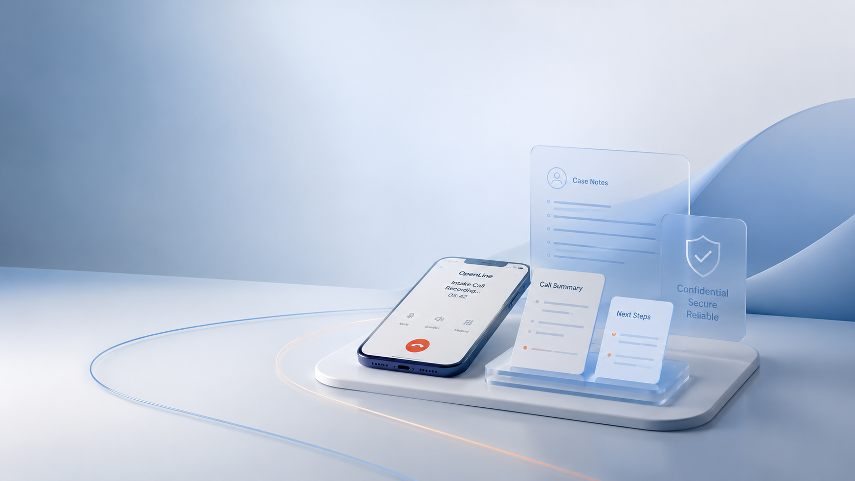 A smartphone on a white surface displays a call screen with an active call to 'OpenLine' for 'Intake Call Recording,' duration 5 minutes and 42 seconds. Next to the phone are transparent digital displays labeled 'Case Notes,' 'Call Summary,' and 'Next Steps,' emphasizing confidentiality, security, and reliability. The background features a soft, light blue curved surface.