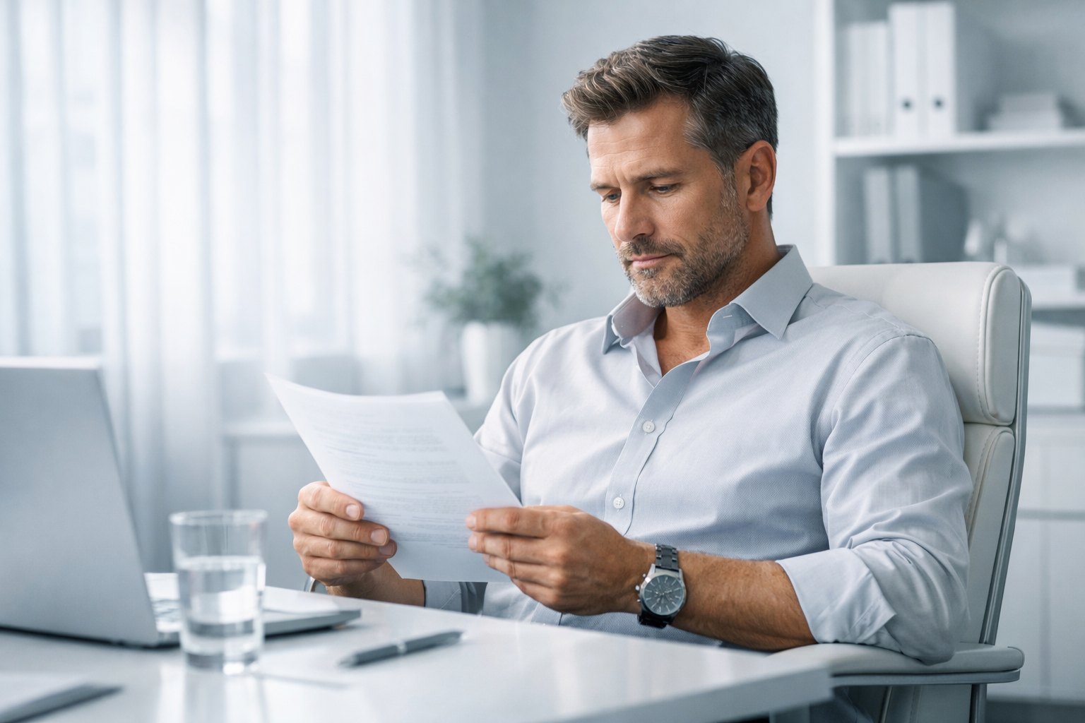 person rereading a short document carefully, calm posture