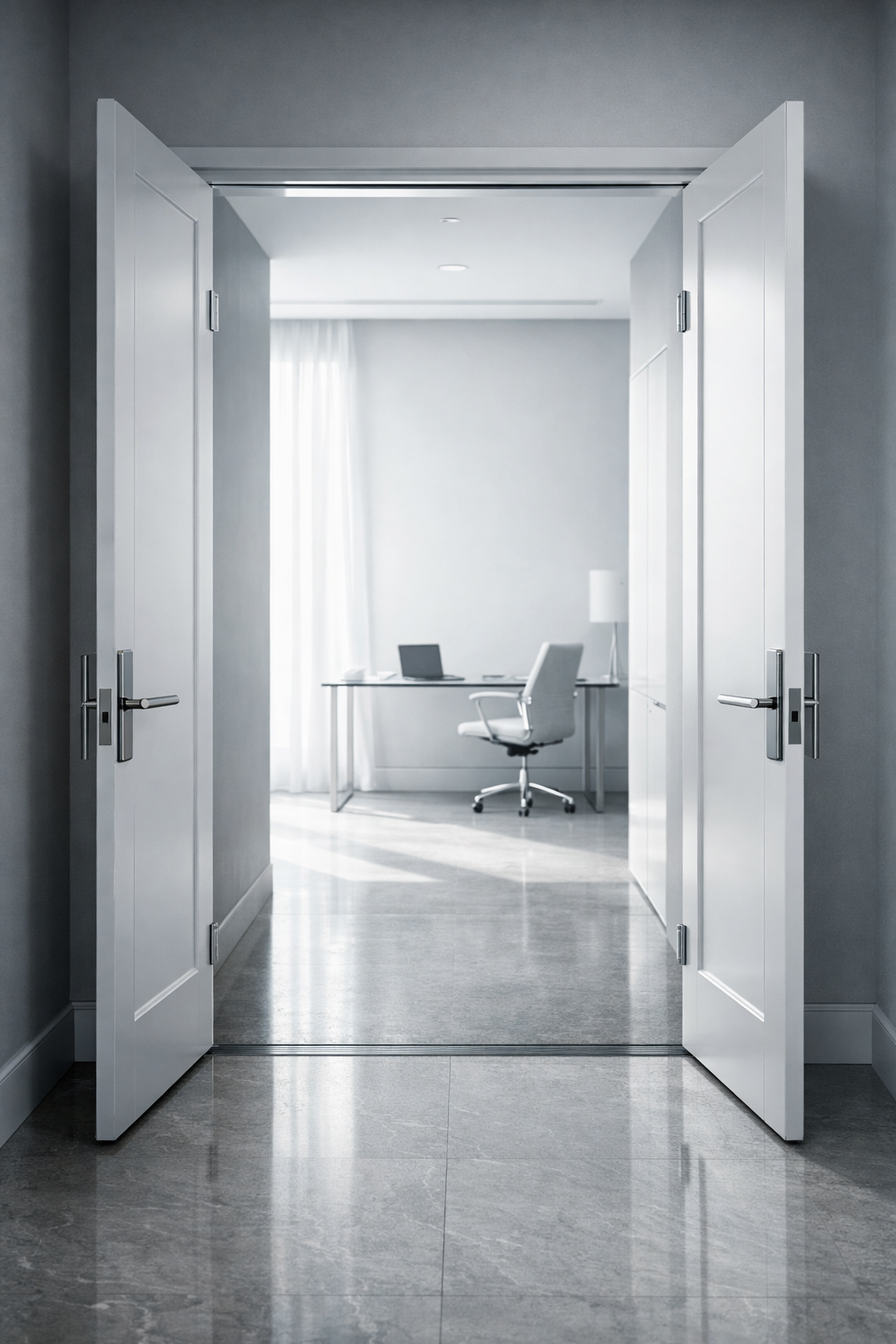 Modern office room with open double doors, white walls, a desk with a laptop and a white office chair, and a window with white curtains.