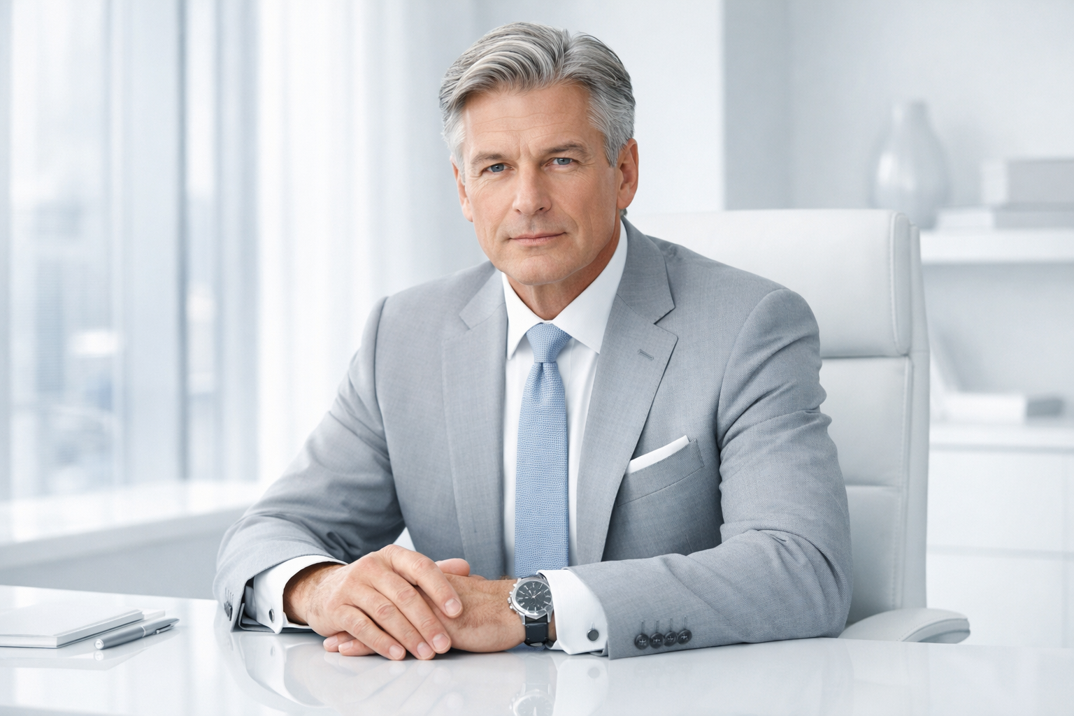 composed executive posture, hands resting, no gestures