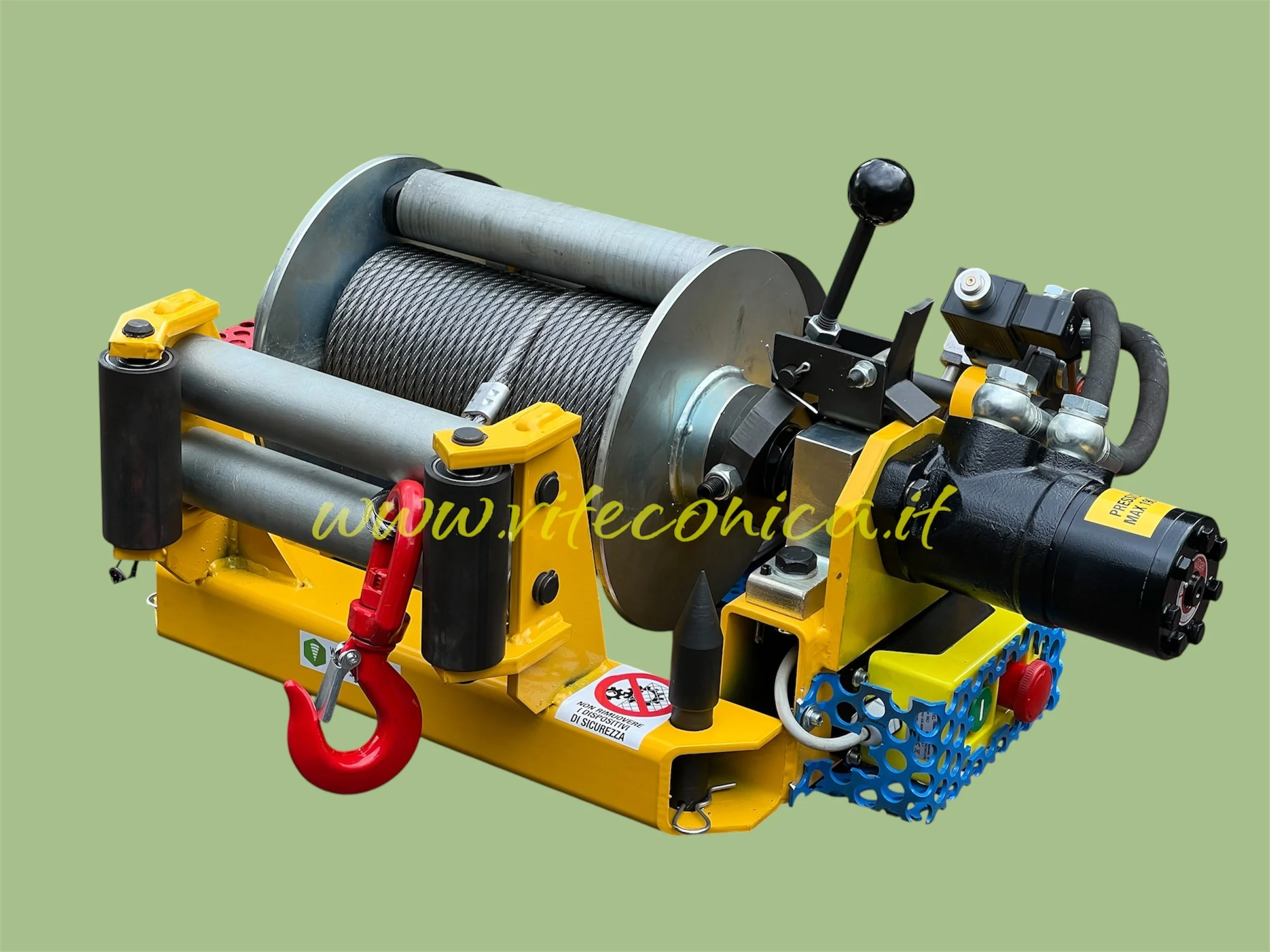 Argano traino idraulico completo di leva di sgancio del tamburo, guidafune e pressacavo, completo di cavo e gancio con sicura