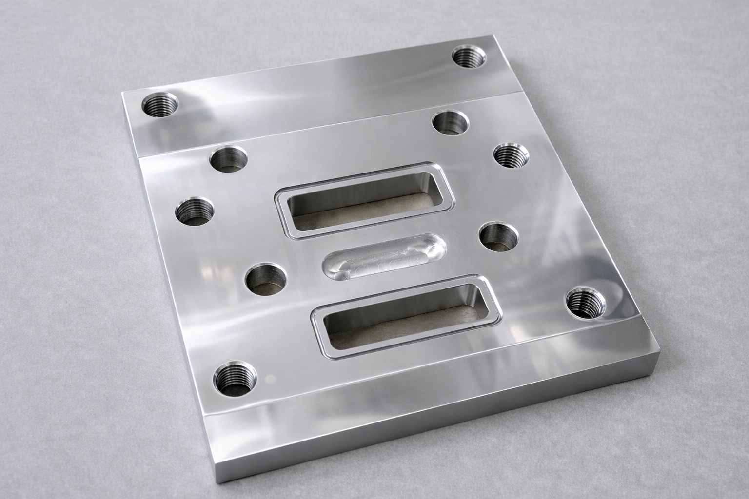 Particolare di una piastra metallica rettangolare con quattro fori filettati e due rettangoli con incavo, superficie liscia e riflettente, posata su una superficie grigia.