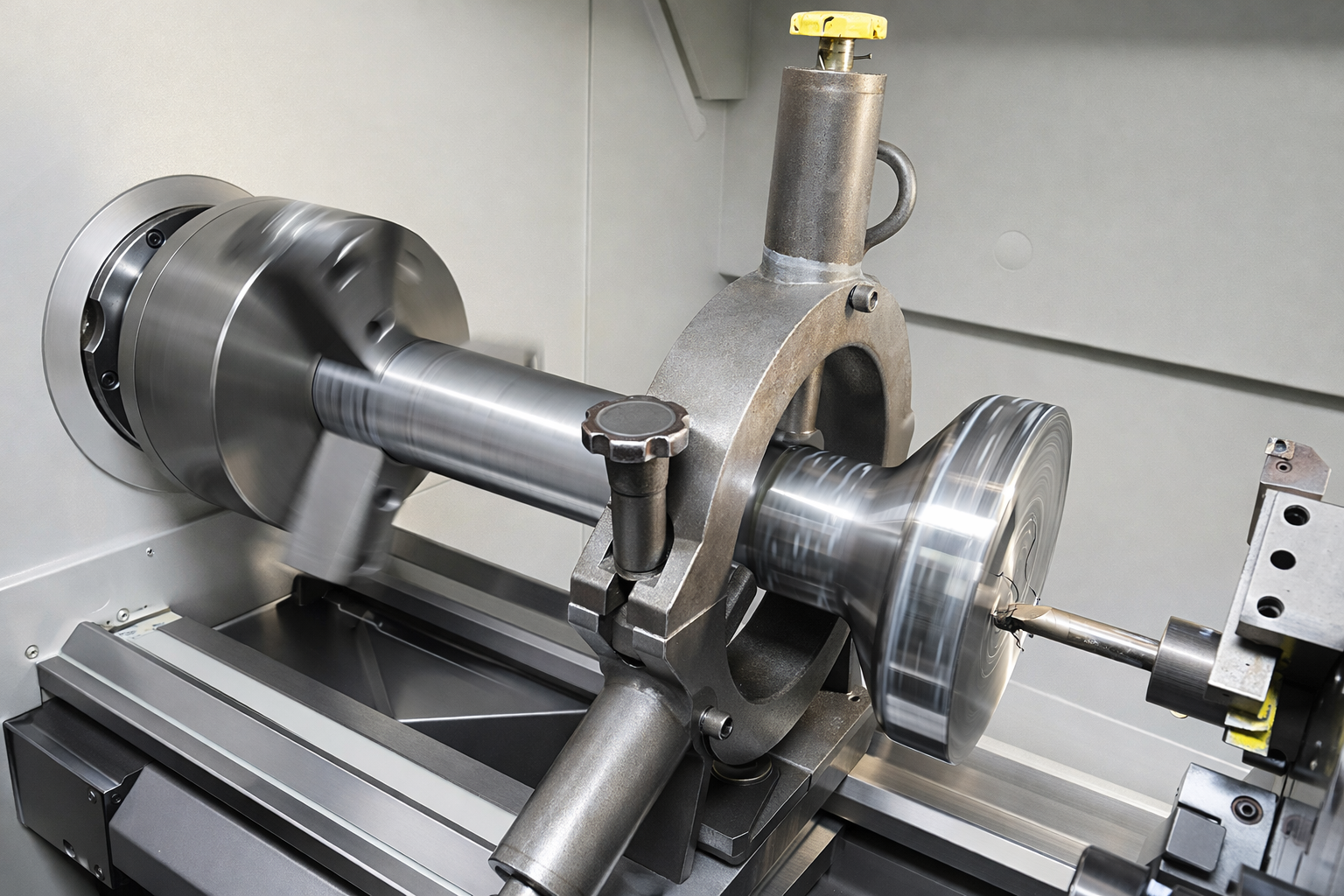 Macchina CNC in azione con un utensile che formora un pezzo di metallo.