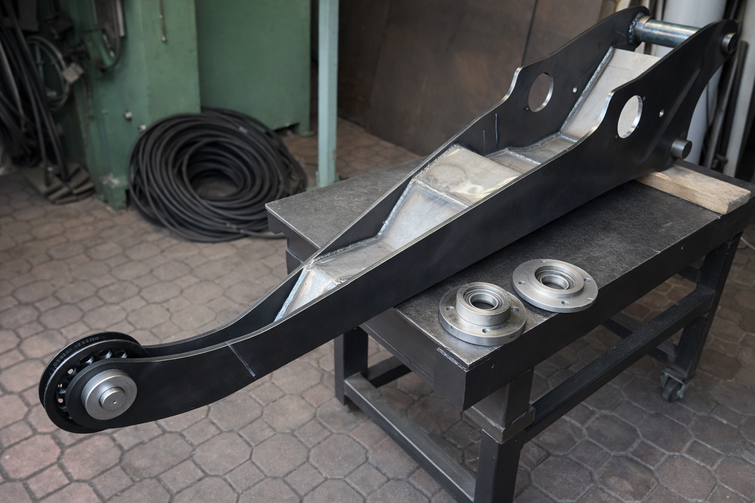 Prolunga per braccio escavatore tagliata, lavorata e saldata da un officina, appoggiata su un banco di lavoro
