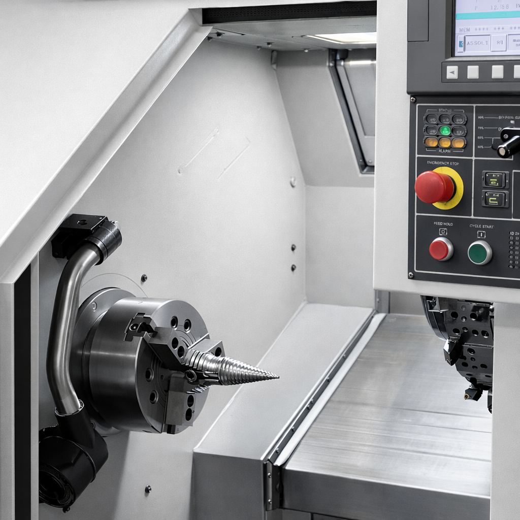 Tornio cnc in fase di preparazione alla lavorazione