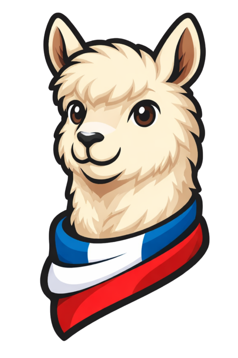 Illustration of a llama with brown eyes, wearing a scarf with the French flag colors.