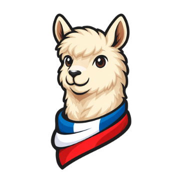 Cartoon dog with tan fur, wearing a bandana with the colors of the French flag.