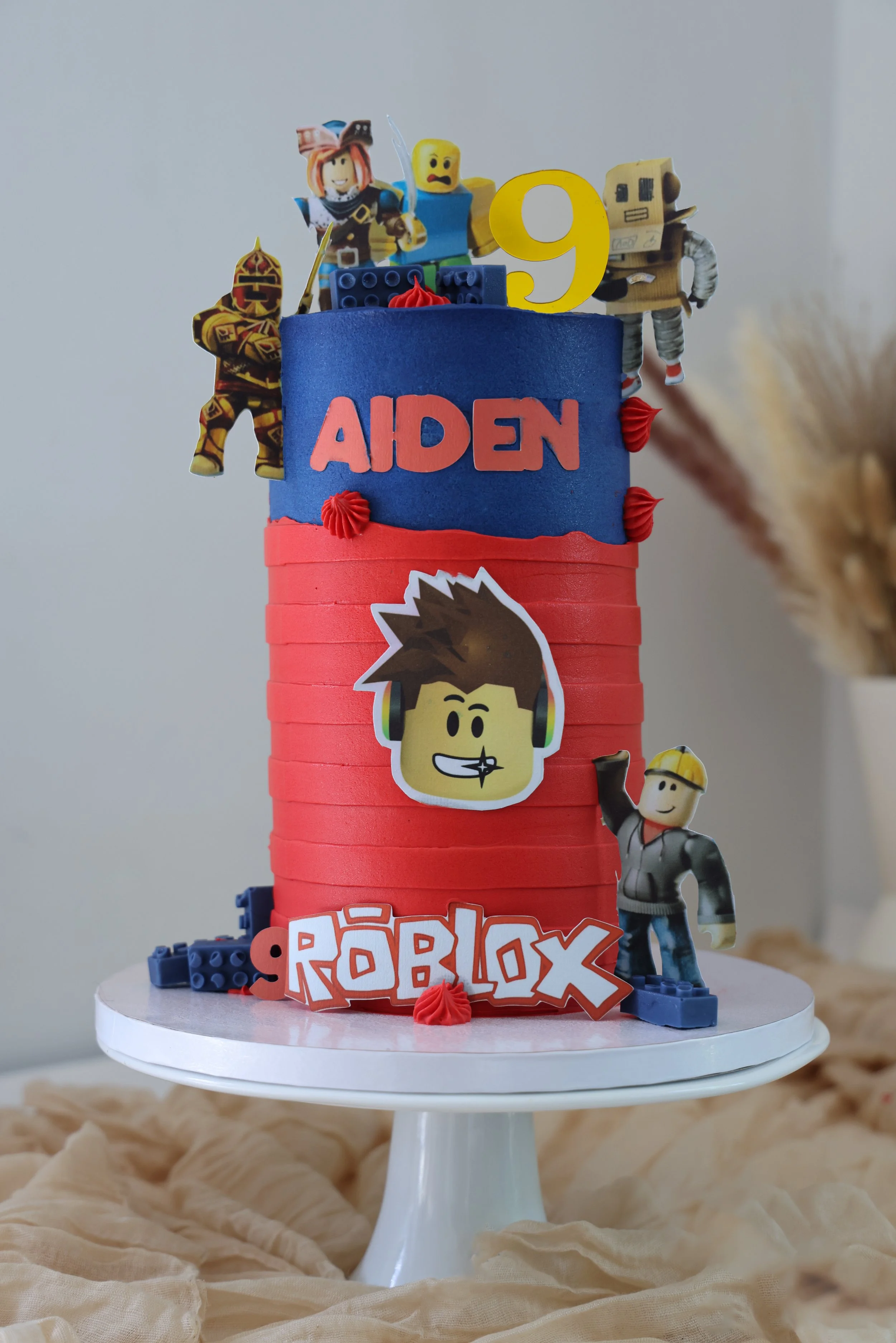 A colorful birthday cake with Roblox characters, a yellow number 9, and the name "Aden" on it, set on a white cake stand.