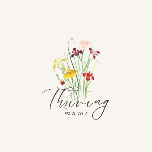 A floral illustration with colorful flowers and the text "Thriving Mums" in elegant cursive font.