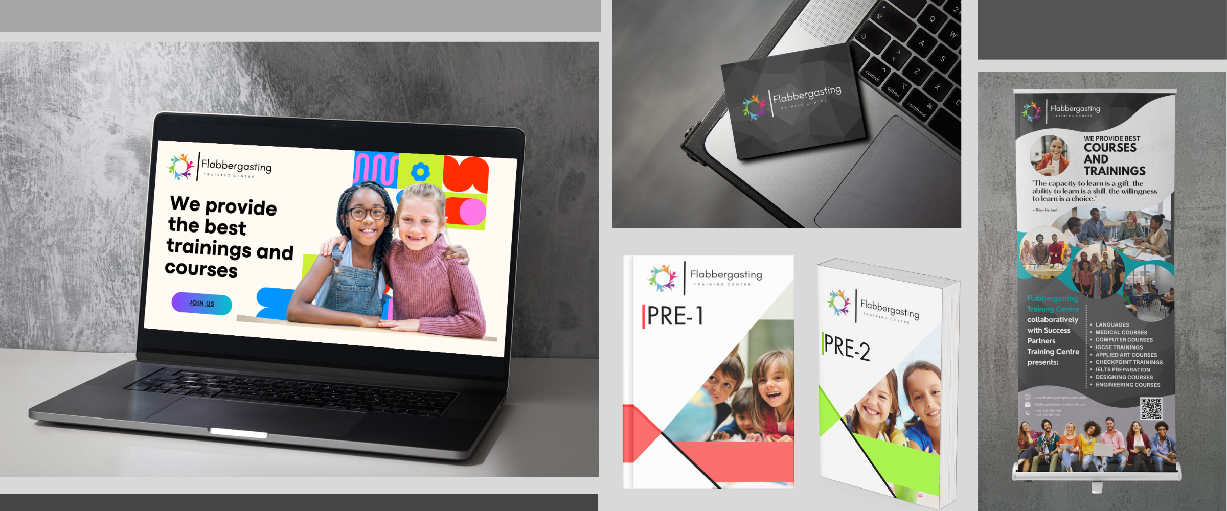Various marketing materials for Flabbergasting Training Center, including a laptop displaying the center's website with two smiling children, business cards, informational booklets labeled PRE-1 and PRE-2, and a banner highlighting their training courses and success partnerships.
