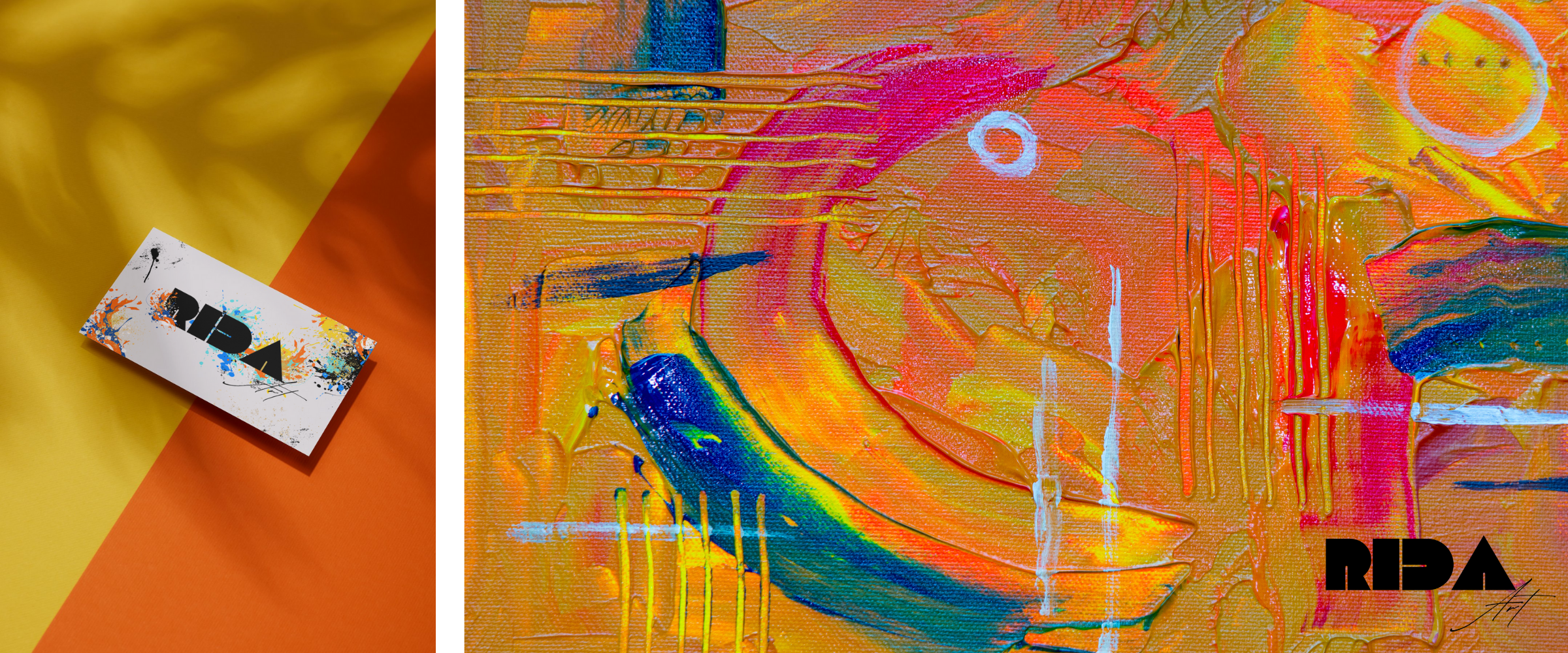 An abstract colorful painting featuring orange, yellow, pink, blue, and green textures with a rainbow-colored spray-painted shoe shape, the RIDA logo, and a business card with multicolored splatters on a background of yellow and orange fabric.