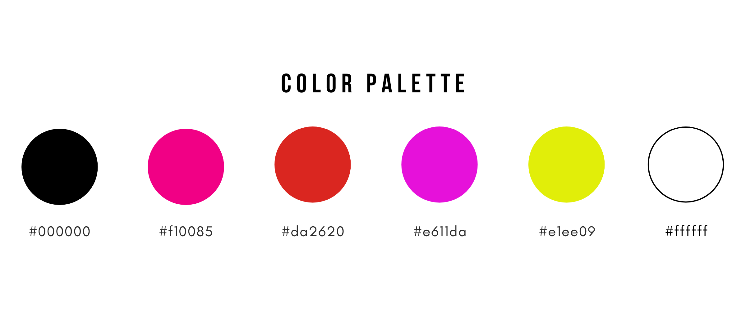 Color palette with six circles in black, pink, red, purple, yellow, and white, each labeled with their hexadecimal color codes.