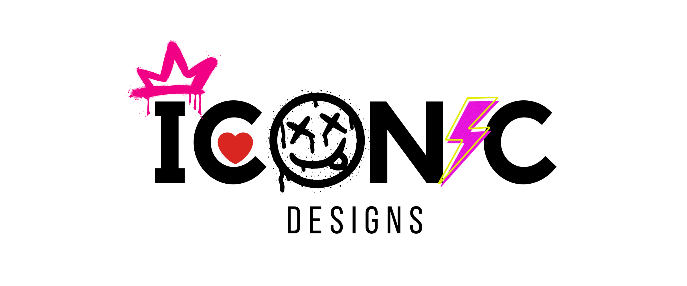 Graphic logo for Iconic Designs with stylized graffiti elements, including a pink crown, a red heart, a smiley face with X's for eyes, and a pink lightning bolt.