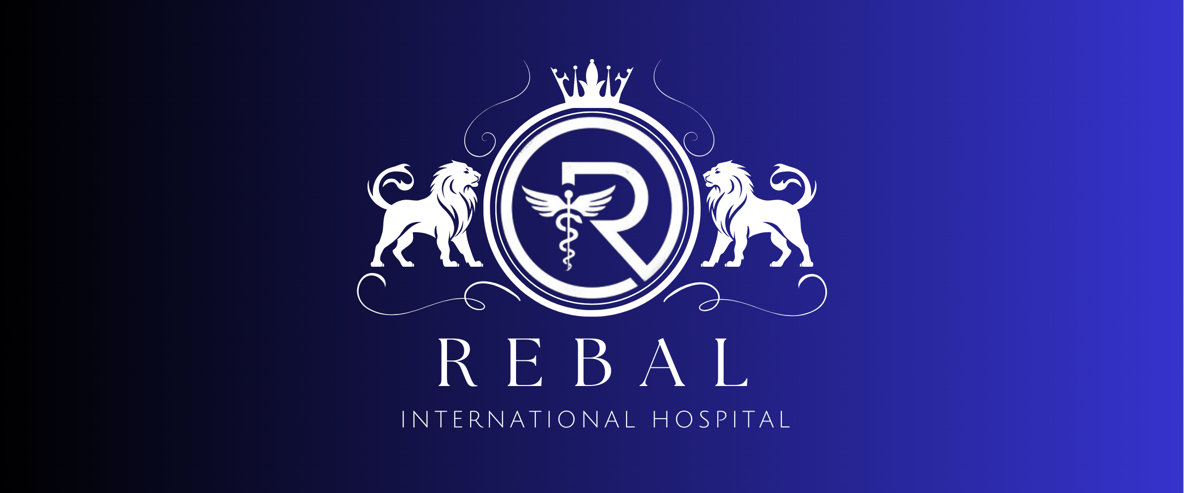 Logo for Rebal International Hospital with two white lions on a blue gradient background, a crown, and a caduceus symbol.
