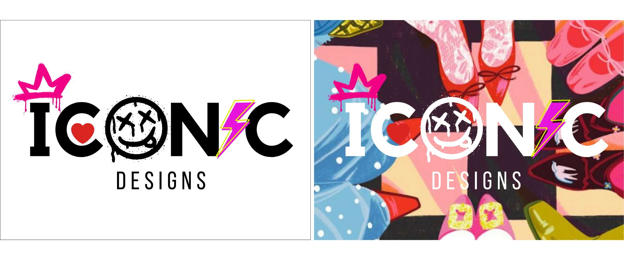 Comparison of two logo designs for ICONC DESIGNS, one on a white background and one on a colorful illustration background, featuring bold black and white text, pink crown, yellow lightning bolt, and a smiley face with X's for eyes.