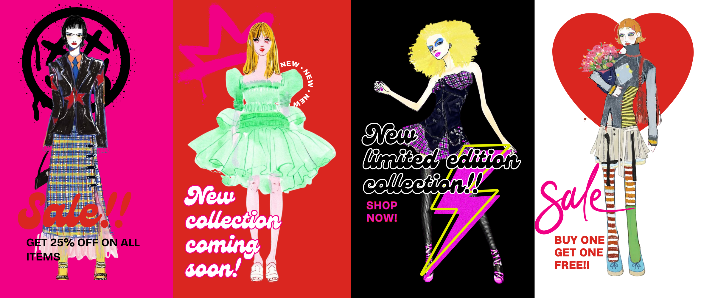Four colorful illustrated fashion advertisements featuring young women in trendy clothing. The first promotes a sale with 25% off all items, the second teases a new collection coming soon, the third highlights a limited edition collection with a bold lightning bolt design, and the fourth advertises a buy one get one free sale with a girl holding flowers and a book.