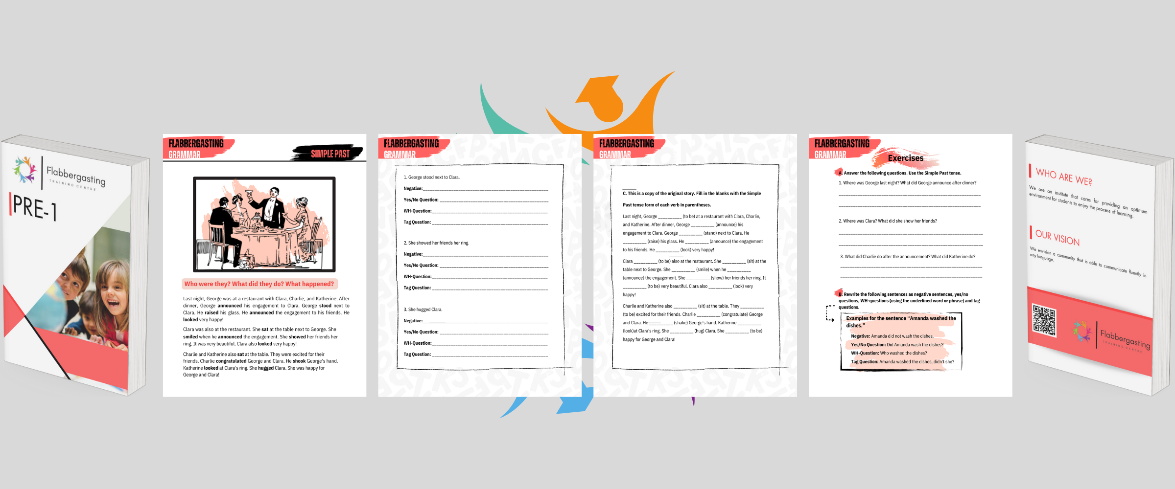 A set of educational training materials from Flabbergasting Training Center, including a binder, two lesson pamphlets, and a booklet. The materials feature text, illustrations, and exercises focused on grammar and language learning.