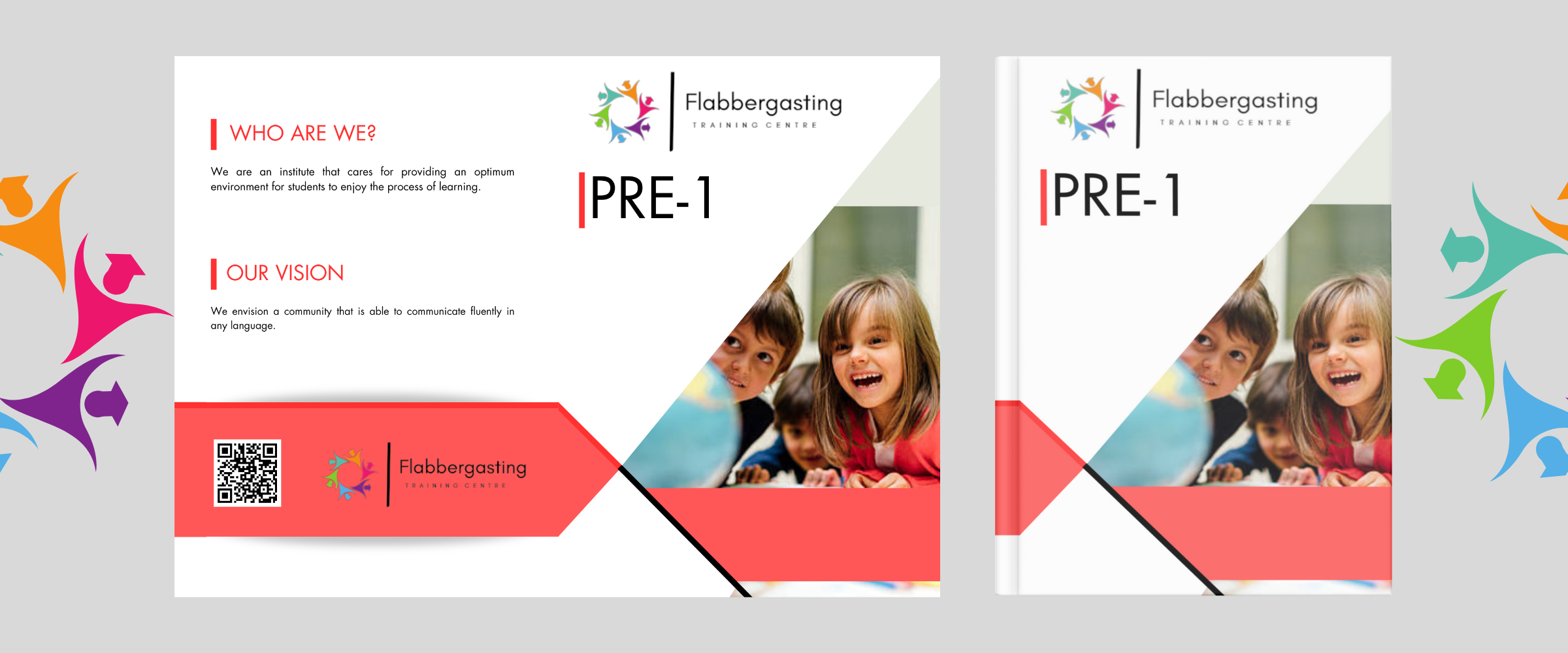 Cover of a brochure for Flabbergasting Training Centre's Pre-1 program, featuring a photo of children smiling and a colorful logo, with text about the institute's mission and vision.