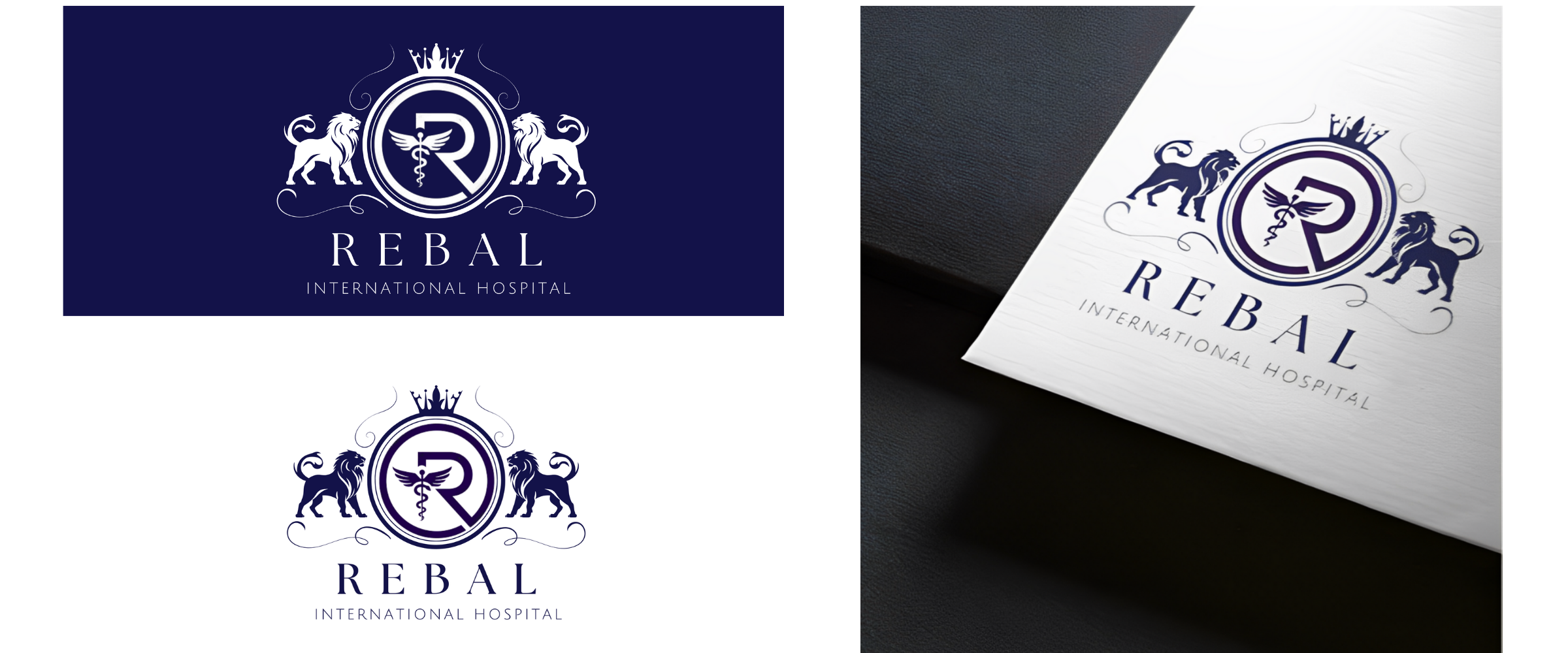 Designs of a logo for Rebal International Hospital, featuring a crown, two lions, and a caduceus symbol, shown on digital and printed formats on a dark blue background and white textured paper.