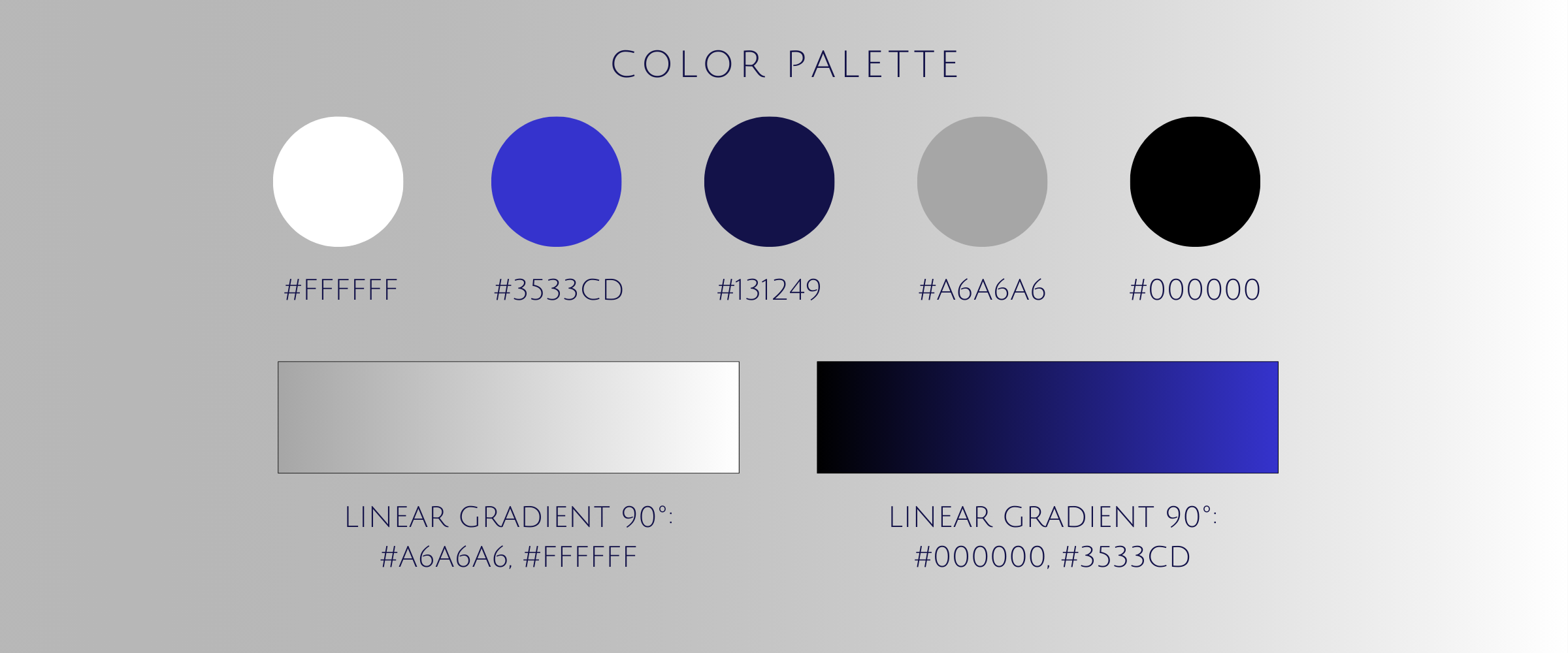 A color palette with five circular swatches displaying white (#FFFFFF), blue (#3533CD), navy (#131249), gray (#A6A6A6), and black (#000000). Two rectangular gradients demonstrate linear gradient transitions from white to blue and black to navy.