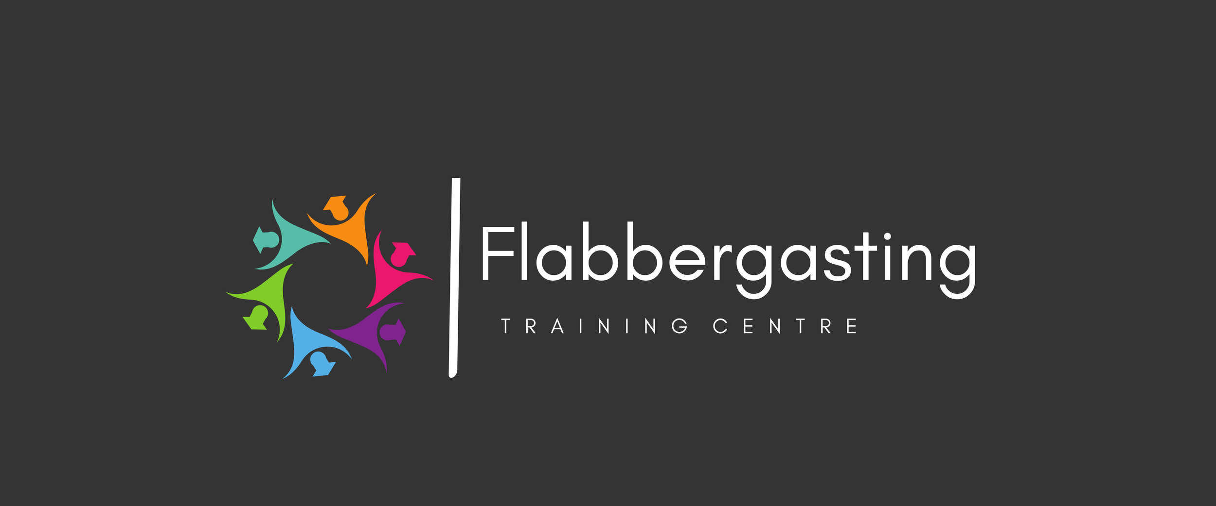 Logo of Flabbergasting Training Centre with colorful human figures surrounding a circle on a dark background.